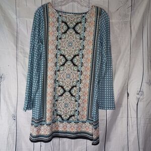 J. Jill Womens Tunic Top Medallion Paisley Long Sleeve Stretch Blue